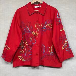 VTG Studio Works Womens‎ Embroidered Floral Jacket XL Red Statement Bold Bright